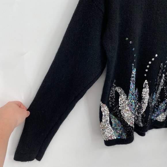 Vintage 80s Sparkly Silk Angora Black Sweater Abstract Sequins M Metallic Retro - Picture 4 of 7